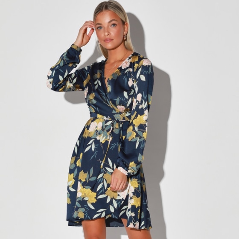 Lulus Love Is Life Navy Blue Floral Print Satin Wrap Dress - Size XL